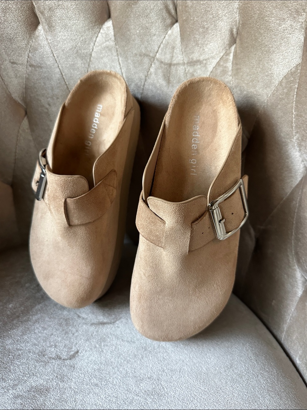 Madden Girl Beige Suede Buckle Mule Clogs